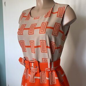 ILE NEW YORK Geometric Orange and Cream Sleeveless  Womens Dress